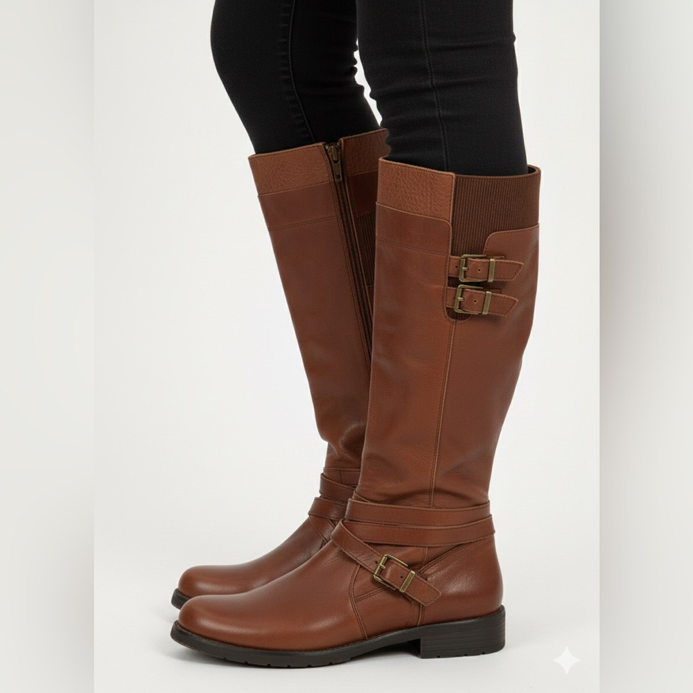 Miz Mooz‎ Kelsey Dark Brown Leather Riding Boots Straps Buckles Expandable Calf